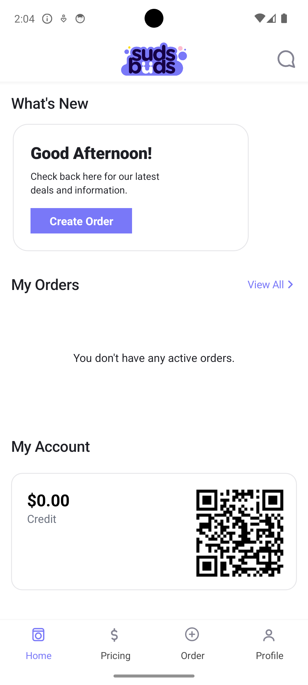 The Suds Buds app home screen, with a Create Order button, the My Orders list, and an account card showing credit balance and a QR code.