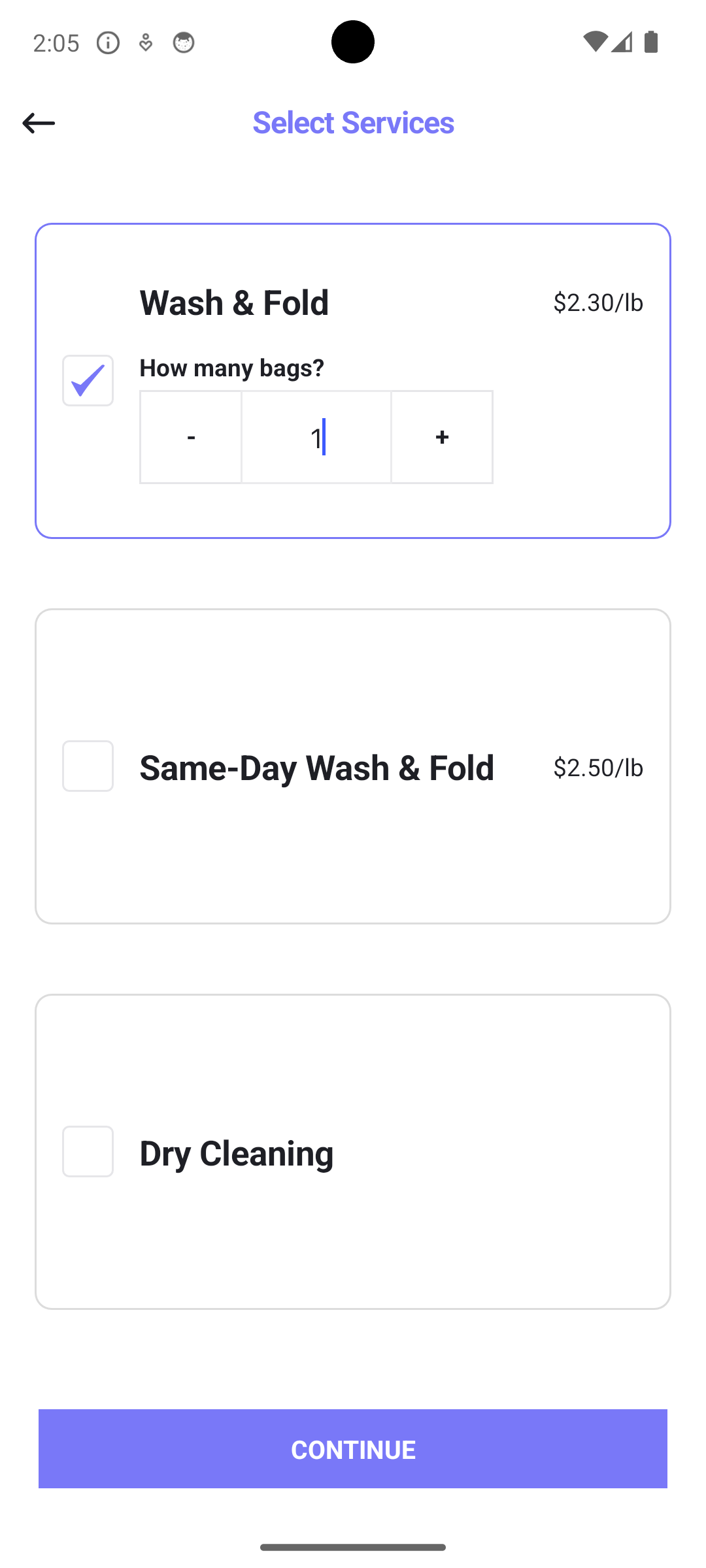 The Suds Buds app service-selection screen, choosing Wash & Fold by the bag, with Same-Day Wash & Fold and Dry Cleaning also available.