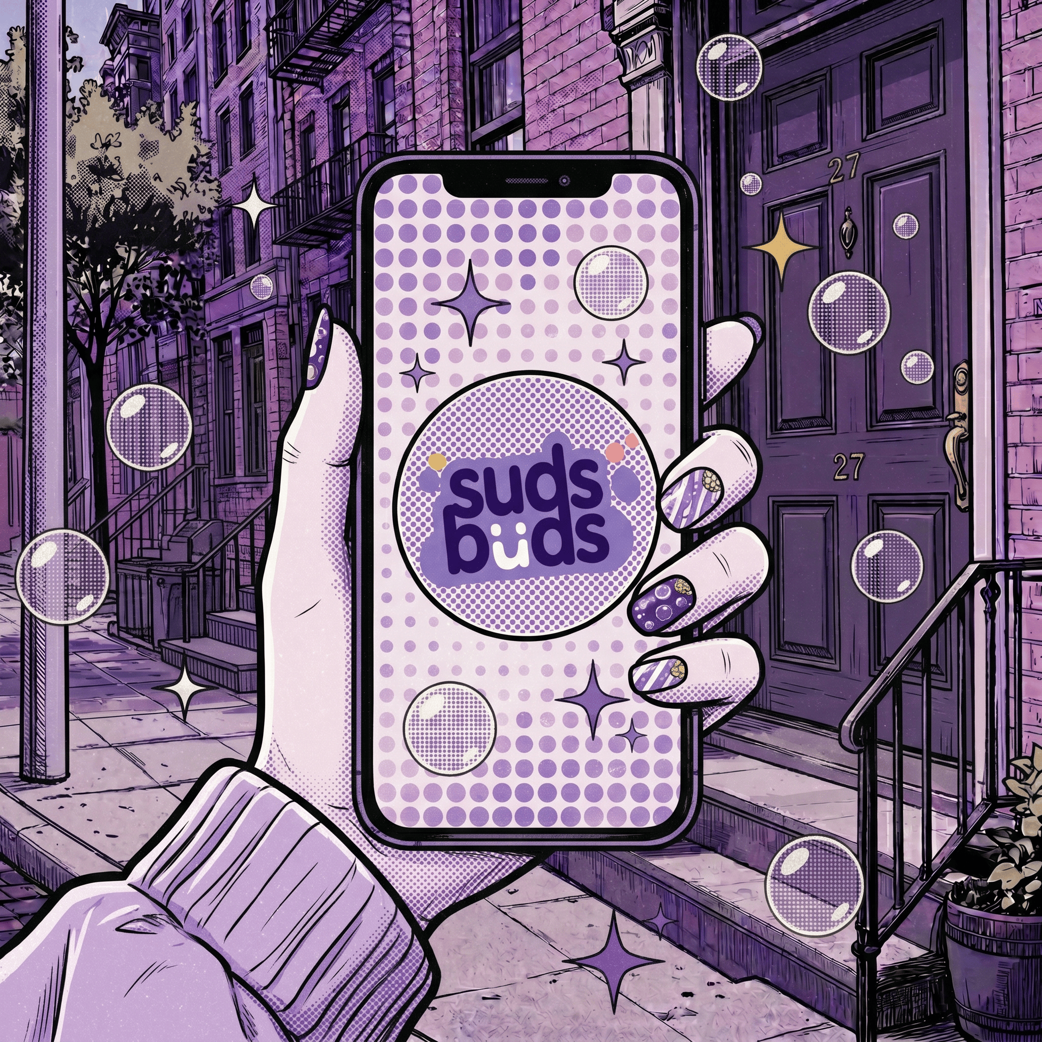 A phone showing the Suds Buds scheduling screen.