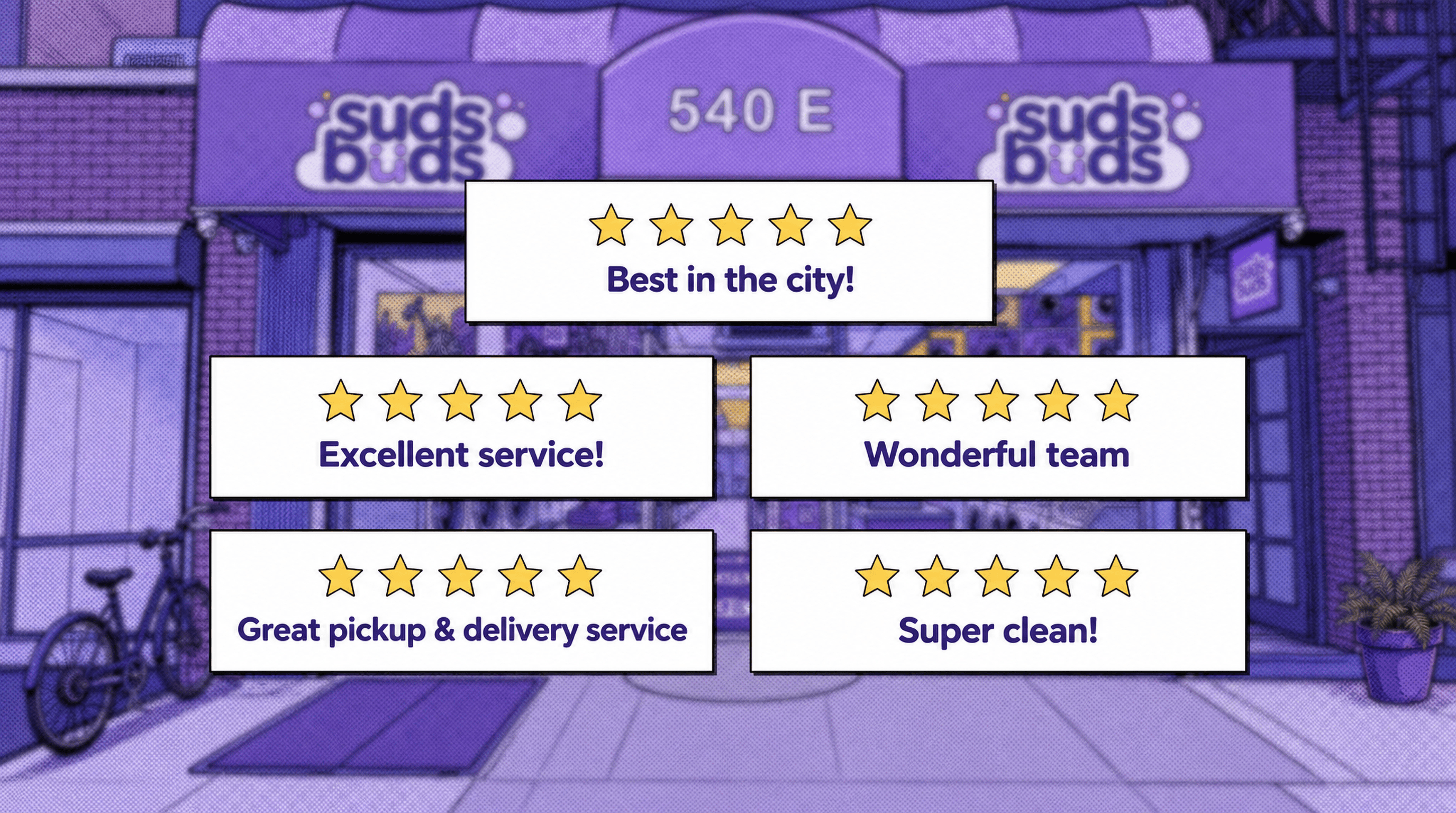 Speech bubbles and five-star marks — what Suds Buds customers say.