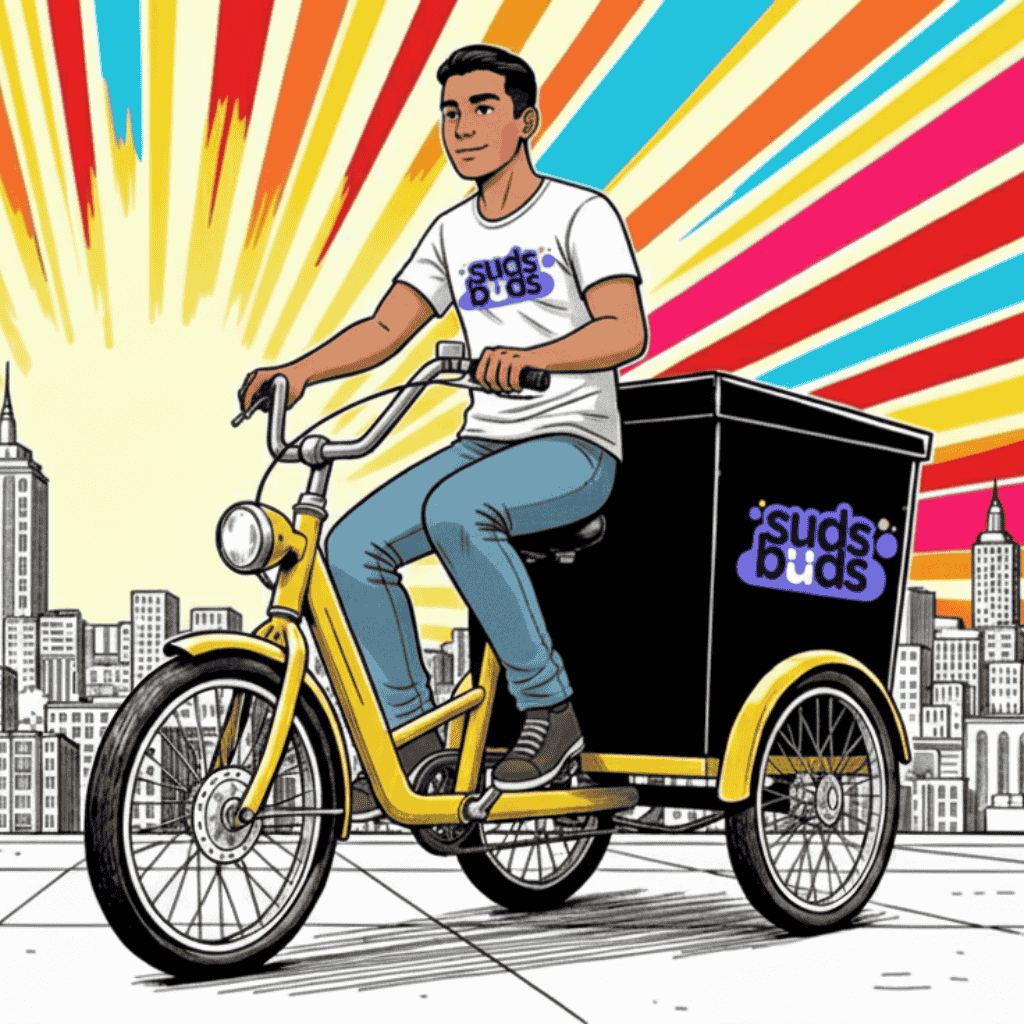 Delivery guy riding the Suds Buds Delivery e-trike in NYC.