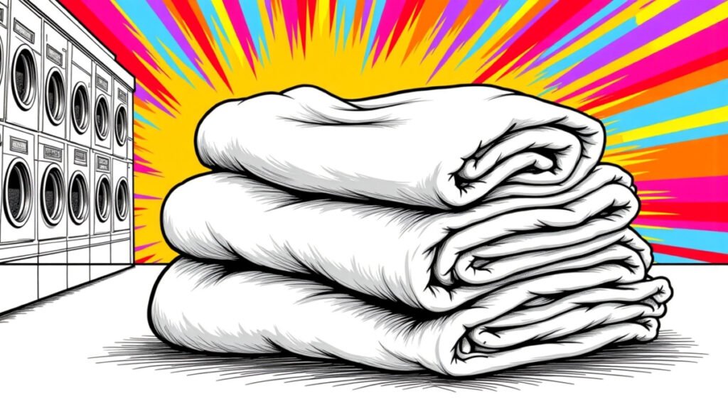 A neatly folded stack of bright white and colorful clothes on a clean surface, looking fresh and soft.

