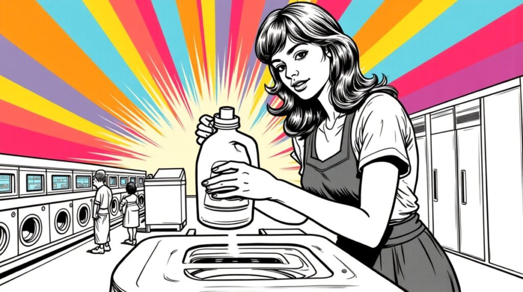 A young woman pouring laundry detergent into a washing machine
