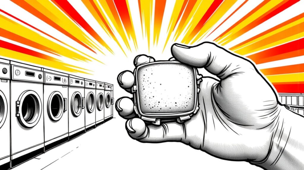 A hand holding a single laundry detergent pod. The background is pencil-sketched, monochromatic laundromat.